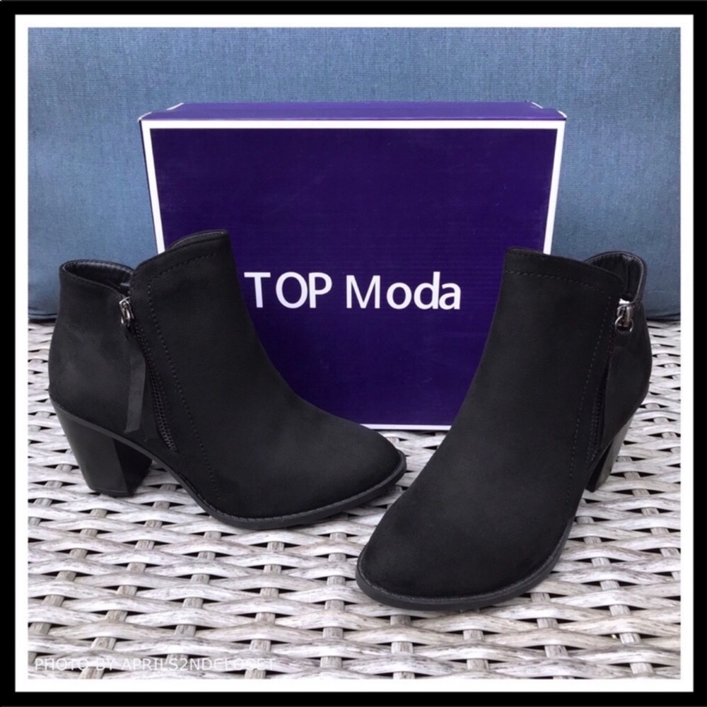 BLACK ANKLE BOOTIES MOTO BLOCK HEEL BOOTS A3C - Picture 2 of 8